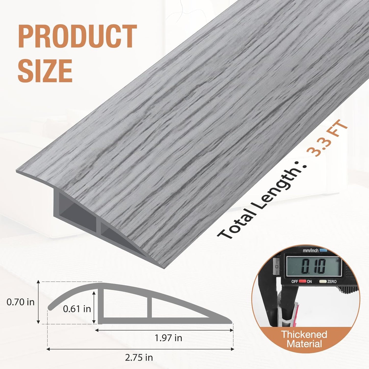 Floor Transition Strip Self Adhesive Vinyl Door Threshold for Doorways Carpet Edging Trim Overlap Edge Reducer for Laminate Floor, Carpet, Tile (Light Gray Wood Grain, 2/5" to 3/5", 3.3Ft)