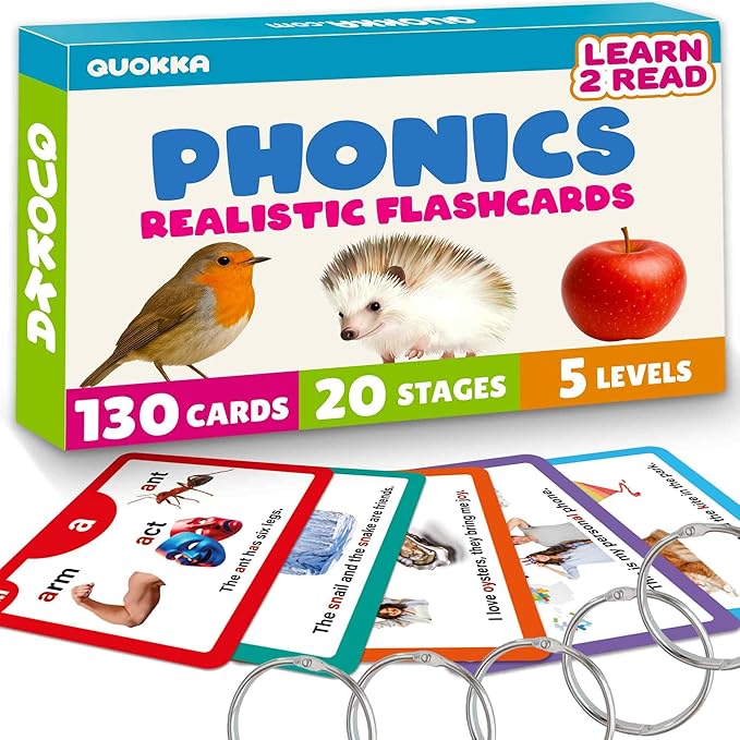 QUOKKA Phonics Flash Cards for Kids Ages 4-8 – 20 Phonic Stages 260 Card Games for Kids Ages 3-5 and 6-8 – Learn to Read Games & Reading Manipulatives for Phonemic Awareness – Alphabet CVC Blends etc