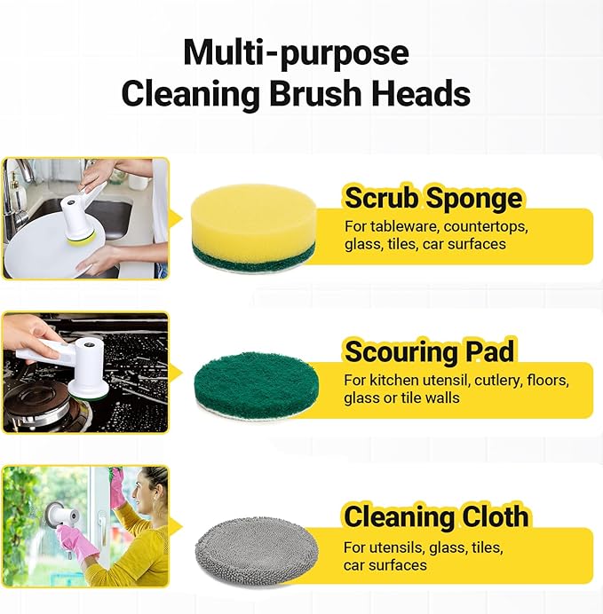 Electric Spin Scrubber, 3000 mAh Cordless Power With 8 Replaceable Heads, Dual Speed Lightweight Handheld for Cleaning Stove/Bowl/Sink/Corner/Tile/Grout (White)