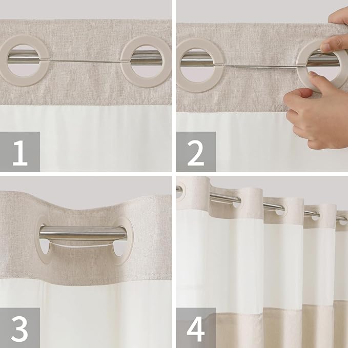Long No Hooks Needed Linen Textured Shower Curtain with Snap-in Fabric Liner Set,Cream Hotel Luxury Decor Shower Curtains for Bathroom,Waterproof & Washable,71Wx80H