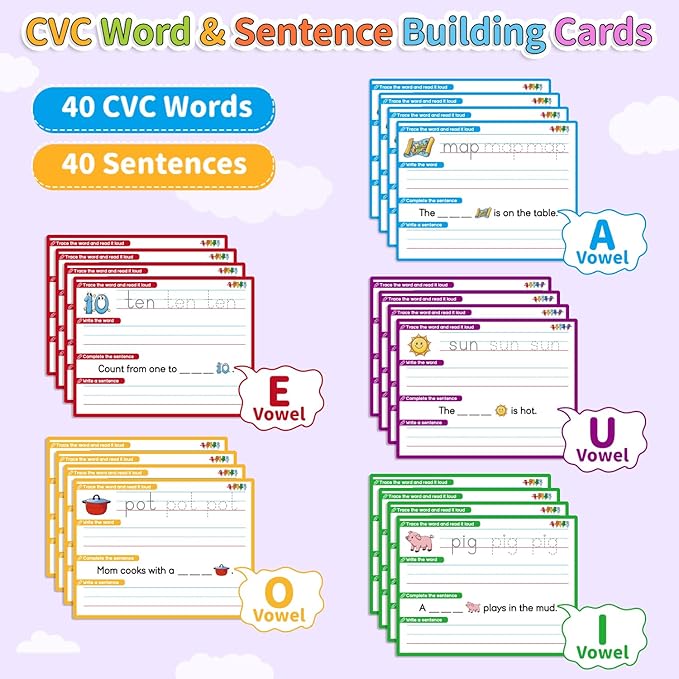 CVC Word Games Sentence Building for Kindergarten Phonics Games for Kids, Sight Words Flash Cards Learn to Write Handwriting Practice Tracing, Preschool Learning Activities Homeschool Supplies