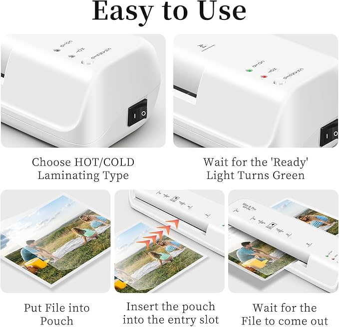 9 Inch Thermal Laminator Machine with 40 Laminating Sheets, 3-5mil, for A4, A5, A6, Photos, Small Personal Laminator for Home Office School use, Hot & Cold, 2-Roller, Anti Jam, White, by Mas & Pro