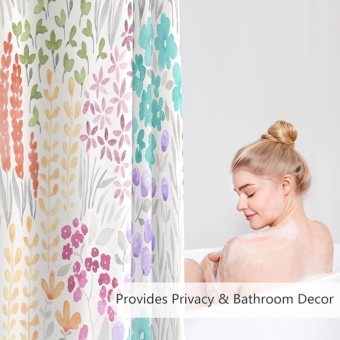 Cute Floral Shower Curtain 60x72, Teal Blue Boho Flower Fabric Shower Curtain, Turquoise Funky Watercolor Wildflower Shower Curtain Set, Cottagecore Bohemian Bathroom Decor