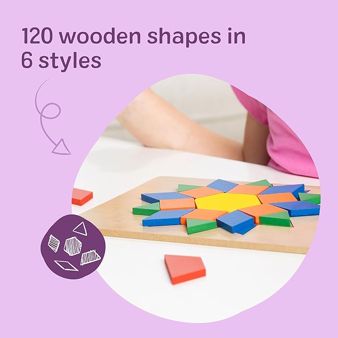 Melissa & Doug Pattern Blocks and Boards with 120 Multi-Colored Wooden Shape Tiles, 5 Double-Sided Puzzle Boards, Tangram Puzzles, Montessori Toys for Girls & Boys