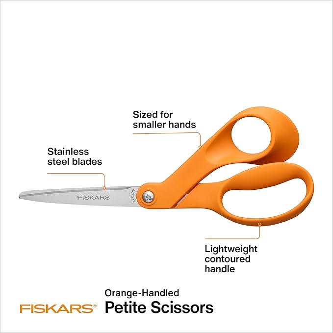 Fiskars Petite Original Orange-Handled Scissors, Crafting and Sewing Stainless Steel Scissors for Smaller Hands, Ergonomic Handle, Paper and Fabric Supplies for Office, Arts, and Crafts