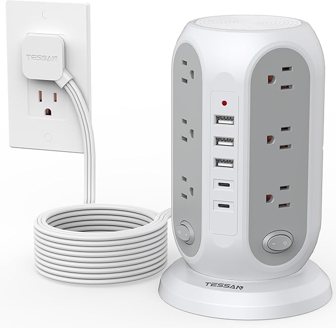 TESSAN 15 ft Extension Cord Tower Power Strip, 4 Individual Switches with 12 AC Outlets, 5 USB Ports (2 USB C), Surge Protector Flat Plug, Long Extension Cord with Multiple Outlets for Office, Dorm