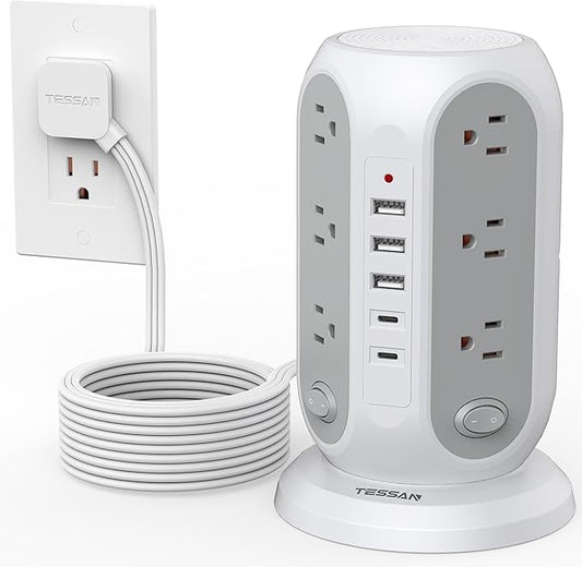 TESSAN 15 ft Extension Cord Tower Power Strip, 4 Individual Switches with 12 AC Outlets, 5 USB Ports (2 USB C), Surge Protector Flat Plug, Long Extension Cord with Multiple Outlets for Office, Dorm