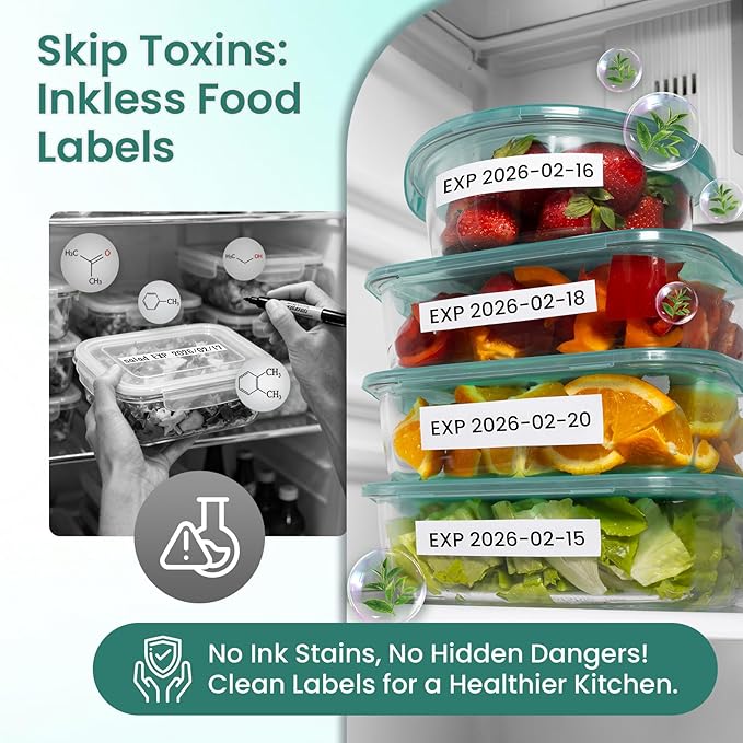 Label Maker Waterproof Labels, Labeler Machine with Tape, D210s Labeling Maker, 16+ Bolder/Handwritten Fonts & Intuitive Shortcut Keys, 12mm Removable Freezer Food Labels for Jars/Containers/Bottle