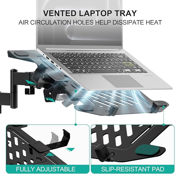 WALI Laptop Pole Mount, Adjustable Laptop Arm Holder Fits 10"-15.6" Laptops, 2-in-1 Full Motion Monitor Mount with Removable Tray, VESA 75x75 or 100x100 mm, Holds up to 15.4lbs(011ARMLPN), Black