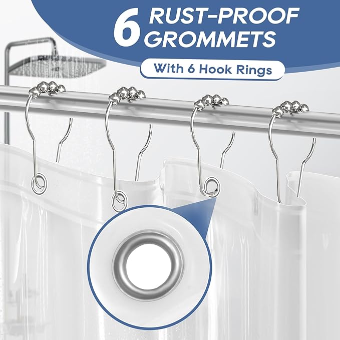 downluxe Clear Shower Curtain Liner with Hooks, PEVA Plastic Shower Liner, 36" W x 72" L Waterproof Lightweight Bathroom Curtain(6 Hooks, 1PC)