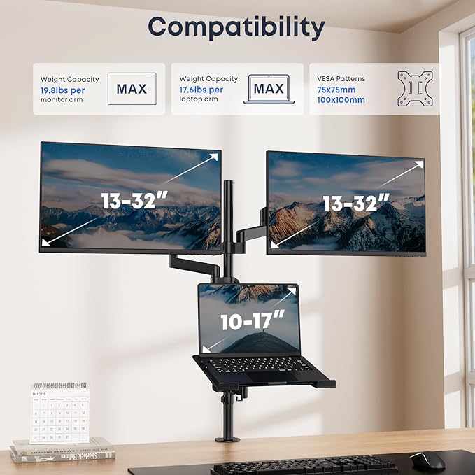 Dual Monitor and Laptop Mount Stand with Extra Long Pole, Holds 2 Monitors up to 32 Inch 19.8 lbs Each and 10-17 Inch Laptop, Full Motion Adjustable Desk Mount with C Clamp