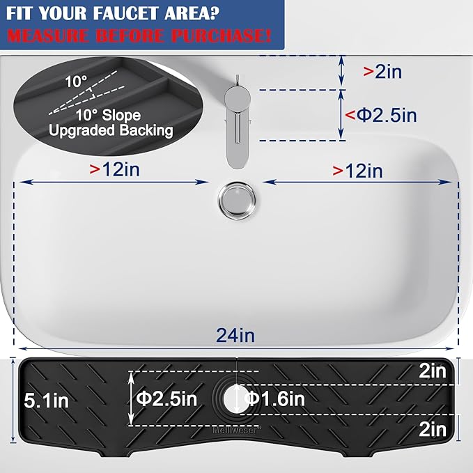 Meiliweser Faucet Mat for Kitchen Sink – 24” x 5.1” Extra-Long Silicone Splash Guard with 10° Slope & Upgraded Drainage – Gen 3 Sink Water Catcher & Sponge Holder for Kitchen, Bathroom (Black)
