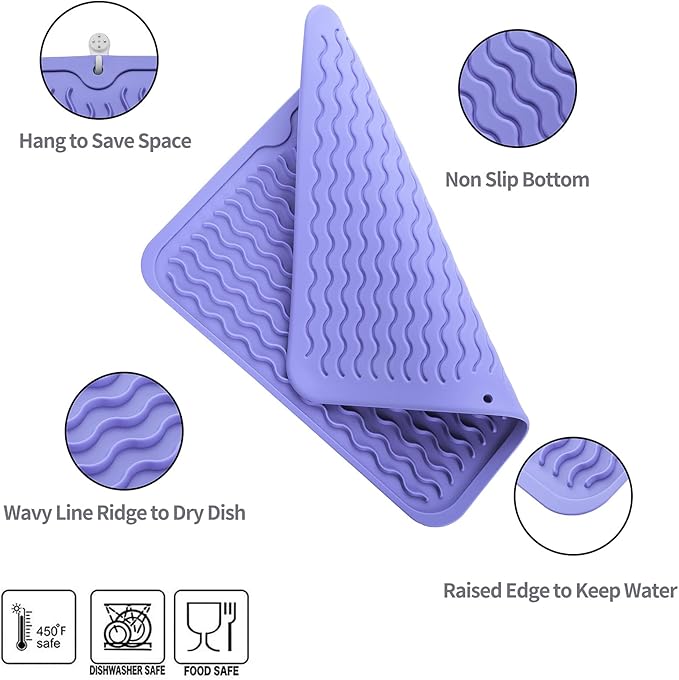 Silicone Dish Drying Mat for Multiple Usage,Easy clean,Eco-friendly,Heat-resistant Silicone Mat for Kitchen Counter or Sink,Refrigerator or Drawer liner Light Purple M 12 inches x 12 inches