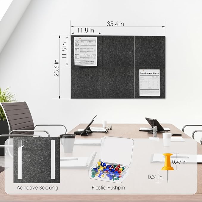 MaxGear Large Cork Board for Wall 36" x 24", Dark Gray Bulletin Board, 6 Pack Felt Wall Tiles with Pushpins, Cork Boards for Office Pin Board Tack Board Cork Boards