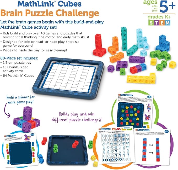 Learning Resources MathLink Cubes Brain Puzzle Challenge, 80 Pieces, Ages 5+, Classroom Must Haves, Preschool Activities, Teacher School Supplies, Math Manipulatives