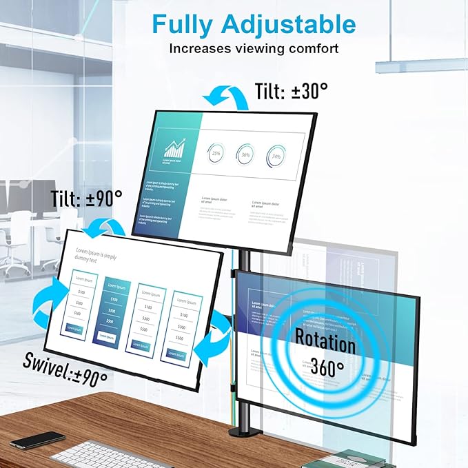 MOUNTUP Triple Monitor Stand, Height Adjustable Monitor Desk Mount Fit for 17 to 32 Inch Computer Screens, Stacked Monitors Arm for 3 Monitors, with C-Clamp and Grommet Base, up to 17.6lbs per Arm