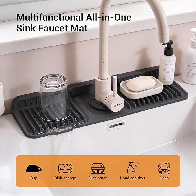 Faucet Mat for Kitchen Sink, 14"X5.5" Silicone Sink Splash Guard with Soap Holder, Snap-On Design & 7°slope Fast Drain, Folding Sink Faucet Mat for Universal Kitchen Bathroom Sink（Black）