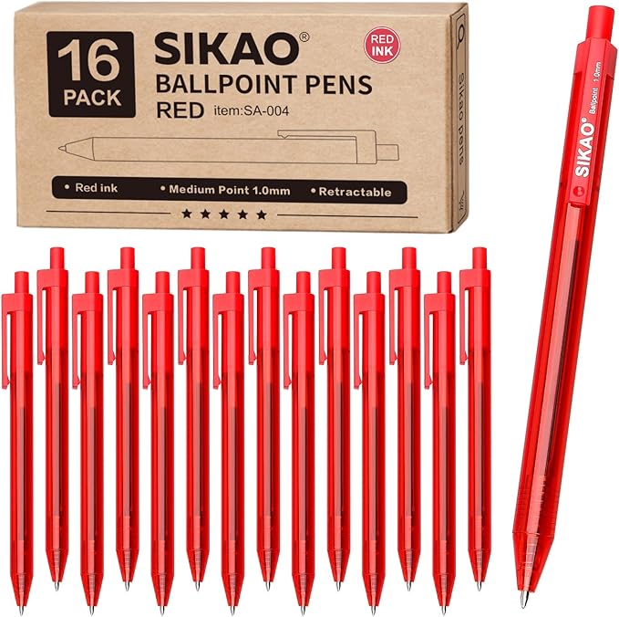 Red Pens, 16 Pack Retractable Ballpoint Pens, Red Ink 1.0mm Medium Point, Smooth Writing No-Smear Click Pens for Teachers Grading, Students Note-Taking, Office Proofreading & School Supplies