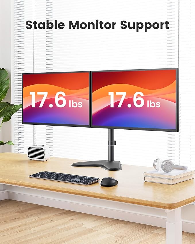 ErGear Freestanding Dual Monitor Stand for 2 Screens up to 32 inch, Heavy Duty Monitor Mount Holds Max 17.6 lbs per Arm, Height Adjustable Gaming Monitor Stand for Desk, VESA 75x75/ 100x100mm, Black
