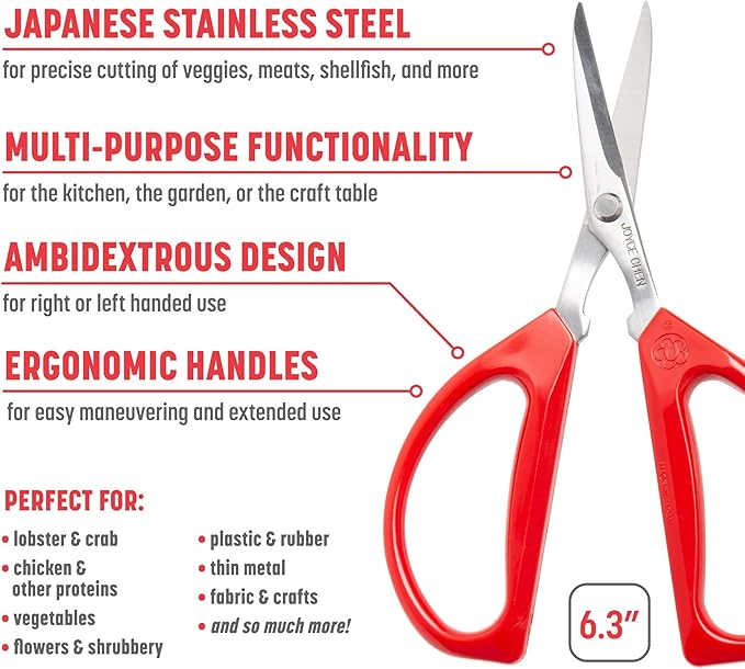 Joyce Chen Original Unlimited Kitchen Scissors All Purpose Kitchen Shears With Comfortable Handles, Red