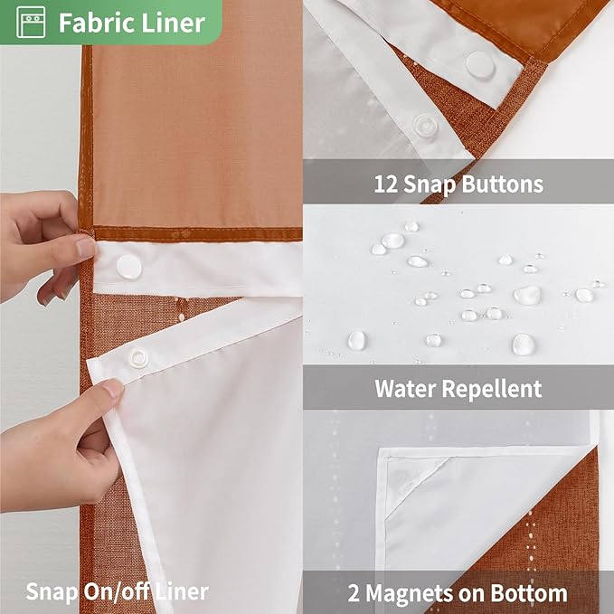 No Hook Long Shower Curtain Set with Snap-in Fabric Liner,Linen Textured Thick Striped Fabric with Tassels,Boho Farmhouse Rustic Luxury Bathroom Curtain,Water-Repellent,Orange,71x80
