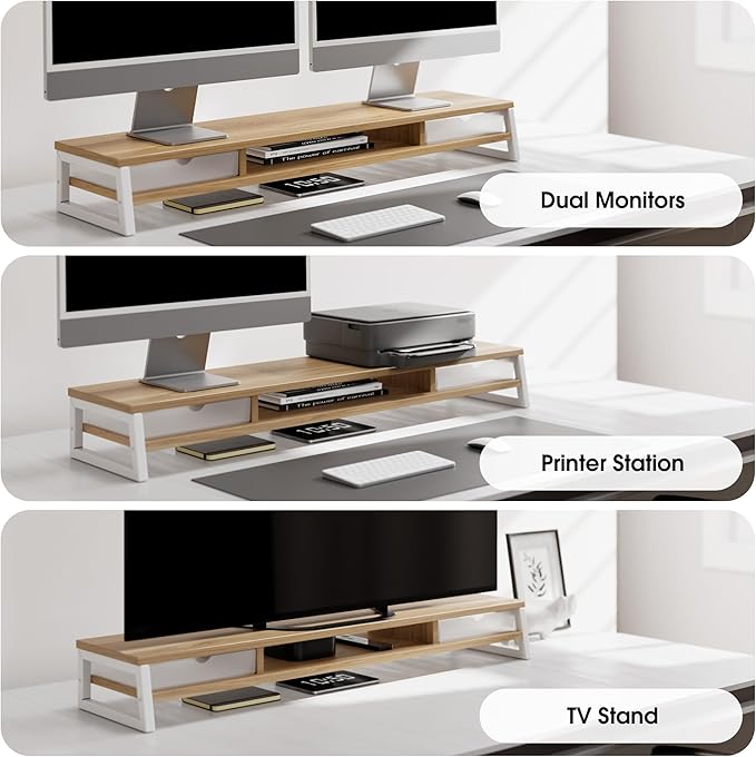 Fenge Dual Monitor Stand, Monitor Riser with Drawer, 42.5 Inch Large Computer Monitor Stand for 2 Monitors, 2 Tier Wooden Desk Shelf for Top of Desk