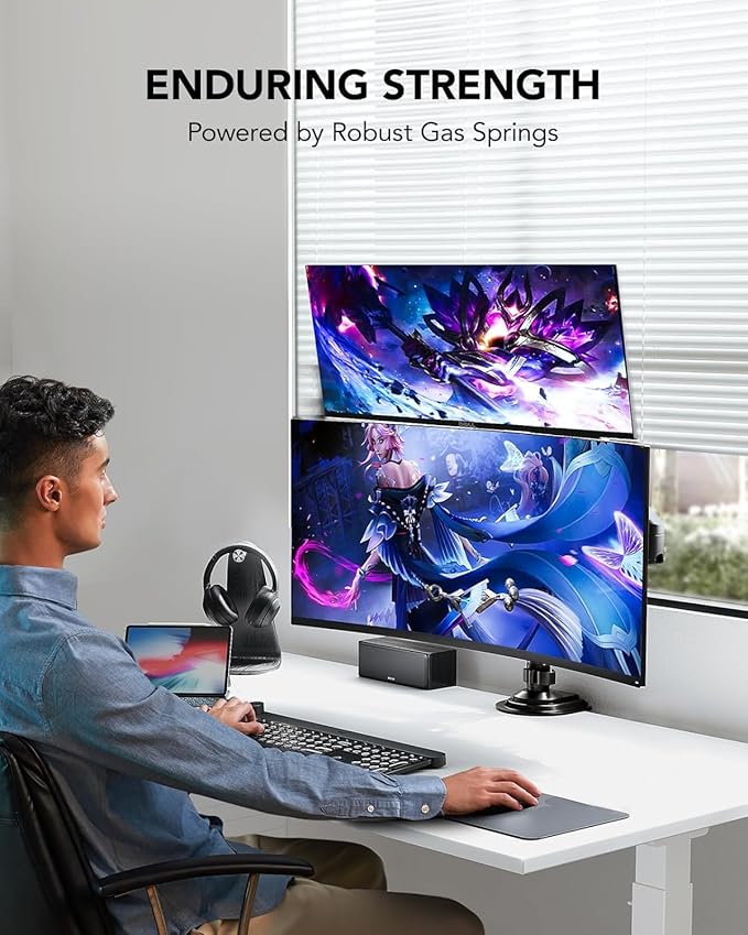 HUANUO 17-32 Inch Dual Monitor Stand, NITROGLIDE™ Dual Monitor Mount, Monitor Stand 2 Monitors, Ergonomic Adjustable Tilt/Swivel/Rotate, Weight Max 19.8 lbs, VESA 75/100mm