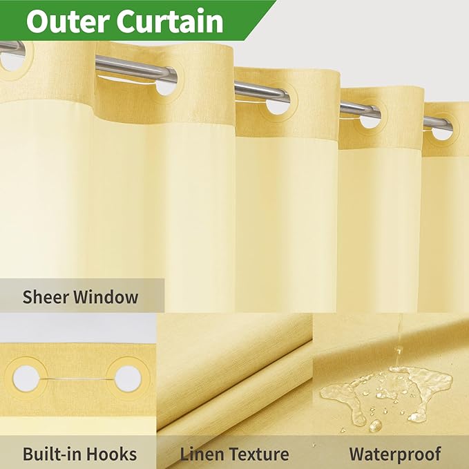 No Hooks Needed Linen Textured Shower Curtain with Snap-in Fabric Liner Set,Hotel Luxury Decor Shower Curtains for Bathroom with Mesh Top Window,Waterproof & Washable,71Wx74H,Gold