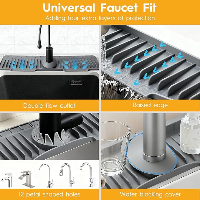 24" Silicone Faucet Mat for Kitchen Sink Released in 2025/12TH,8° Slope Fast Self-draining, Bathroom Kitchen Sink Area Water Splash Guard Behind Faucet Draining Dark Grey