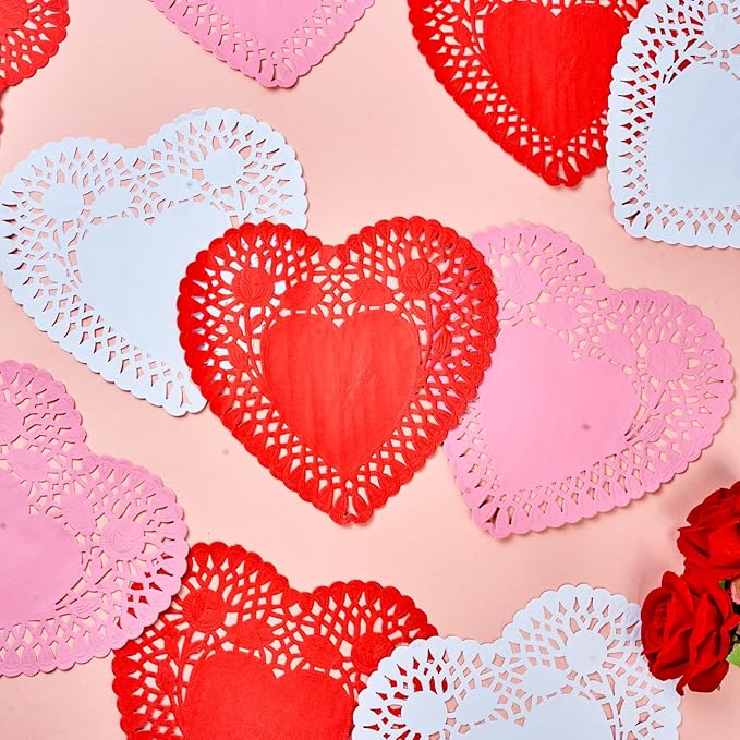 JOYIN 102 PCS 10" Valentines Day Heart Doilies, Tableware Decoration, Home Activitie, Kitchen Disposable Table Crafts, Red White Pink Heart Doilies