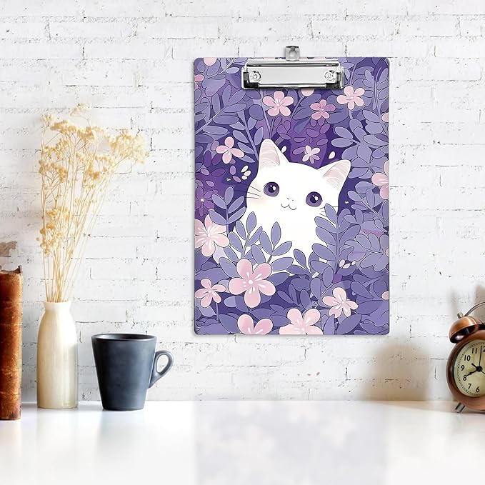 Plastic A4 Clipboards, Cute Fashion Clipboard Decorative, 12.2" x 8.7" Standard A4 Size Clipboards, Plastic Acrylic Clipboard for Teacher, Social Worker, Students,Women, Office Supplies(White Cat)