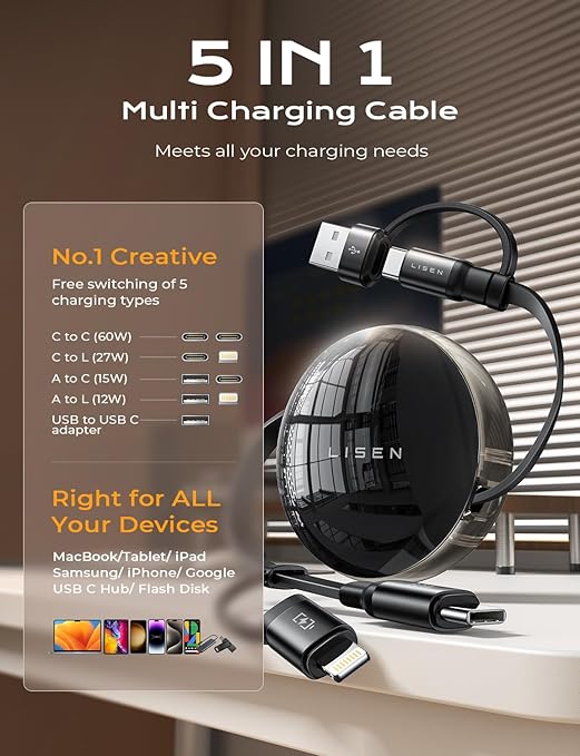 LISEN 5-in-1 Fast Charging Retractable Cable for iPhone, iPad, Samsung - 60W Charger with USB-C/A Ports for Phones, Tablets, Black