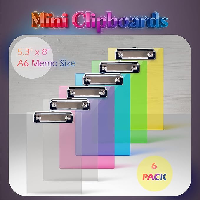 Better Office Products Mini Clipboards (6 Pack), Plastic, Low Profile Clips, Assorted Translucent Colors, Durable, A6 Memo Size, 5.3" x 8",