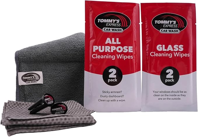 Tommy's Express Interior Detail Kit - Microfiber Cloth, 2X Shop Towels, 2X All-Purpose Wipes, 2X Glass Streak-Free Wipes and 2X Signature Tommy's Clean Car Scent Vent Air Fresheners (9 Piece Set) (1)