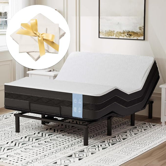 FLEXISPOT S2E Adjustable Bed Frame Base Queen with 12-Inch Cooling Gel Memory Foam Mattress, Whisper Quiet Durable Motor, Adjustable Legs, Easy Assembly – Bonus 4-Piece Queen Sheet Set Included