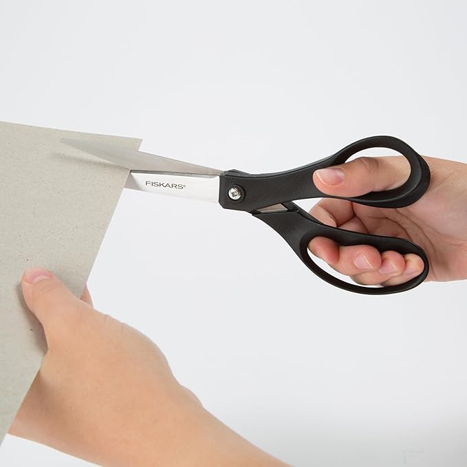 Fiskars 8” Everyday Recycled Stainless Steel Scissors (1-Pack) with Ergonomic Handles, Home & Office Scissors for Cutting Paper, Cardboard, Photos and More, Gray