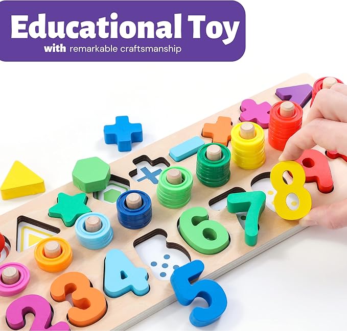 BEKILOLE Wooden Montessori Toys for Kids Toddler Number Puzzles Sorter Counting Shape Stacker Stacking Game Preschool Toys for Boy Girl Learning Education Math Blocks Year Old Girl Gifts (Rainbow)