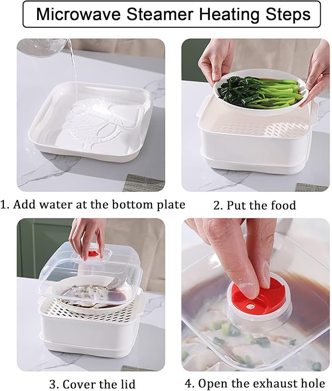 Microwave Steamer with Lid and Tray, Vegetables Steamer for Microwave Bowl, Microwavable Cookware Supplies (2 - Layer)