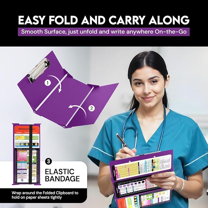 Nursing Clipboard with Nursing and Medical Edition Cheat Sheets 3 Layers Aluminum Foldable Nurse Clip Board Nursing Student Essentials - Foldable Clipboard Nursing Nursing School Essentials (Purple)