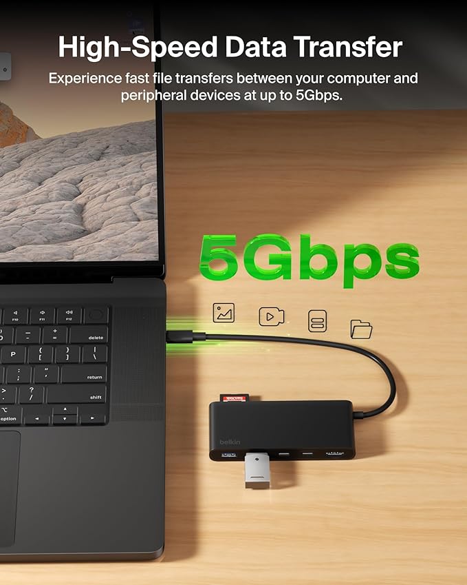 Belkin USB C Hub, 7-Port Hub w/ 4K HDMI Display @ 60Hz, SD & MicroSD, 100W Power Delivery, Fast Data Transfer 5Gbps, USB C Multiport Adapter for MacBook, iPad Pro, Chromebook, etc. - Upgraded HDMI 2.0