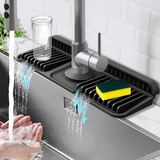 14.6-Inch Kitchen Sink Splash Guard Mat | 7° Slope for Fast Self-Draining | Snap-Lock Design | Universal & Cuttable Silicone Faucet Mat BLACK