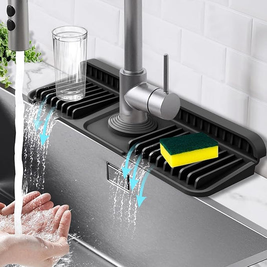 14.6-Inch Kitchen Sink Splash Guard Mat | 7° Slope for Fast Self-Draining | Snap-Lock Design | Universal & Cuttable Silicone Faucet Mat BLACK