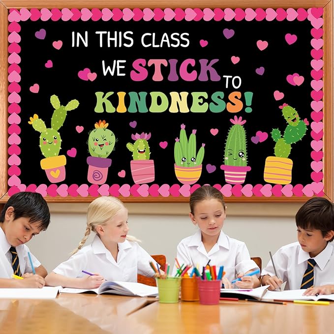 Valentine's Day Classroom Bulletin Board Decorations Valentines Heart Paper Cutouts Kindness Cactus Bulletin Board Set Inspirational Motivational Classroom Decor for Back to School Home Wall Decor