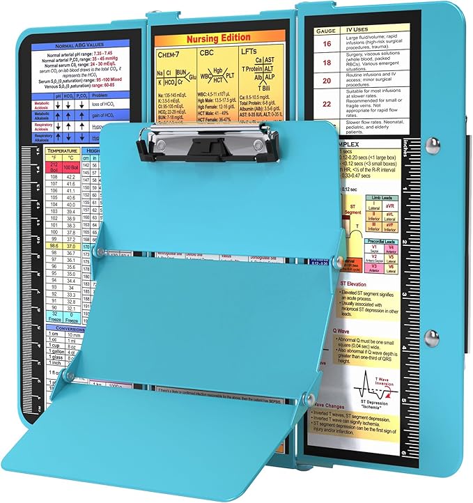 Nursing Clipboard Foldable, Foldable Clipboard w/Nursing Edition Cheat Charts,3 Layers Aluminum, Nurse Clipboard w/Low Profile Clip&Pen Clip Pocket for Students, Nurses and Doctors, Blue