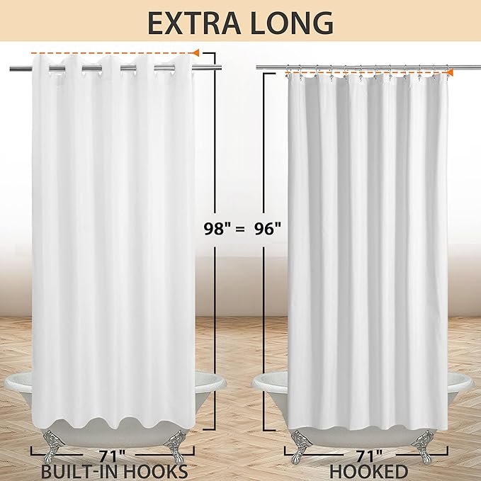 Extra Long No Hook Shower Curtain or Liner Soft Microfiber - Fabric Shower Curtain Liner Set, Machine Washable & Water Repellent, White, 71x98