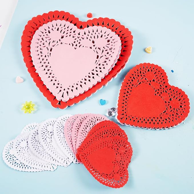 JOYIN 204 PCS Valentines Day Heart Doilies, Tableware Decoration, Home Activitie, Kitchen Disposable Table Doilies, Red White Pink Heart Crafts