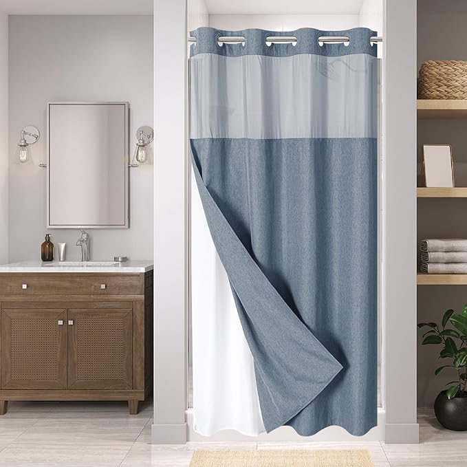 Stall No Hooks Needed Linen Textured Shower Curtain with Snap-in Fabric Liner Set,Hotel Luxury Decor Shower Curtains for Bathroom,Waterproof & Washable,60Wx74H,Blue Grey