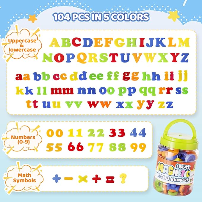LovesTown 104 PCS Alphabet Magnetic Letters and Numbers for Toddlers,ABC 123 Fridge Educational Set,Great Learning Gift from Parents or Teachers
