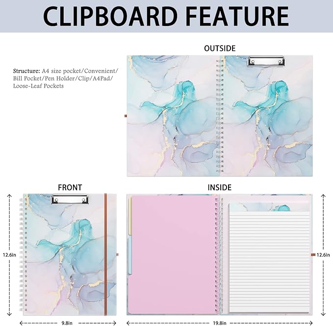 Rimilak Spiral Clipboard Folio with Refillable Lined Notepad, 14.5 x 9.8 In, Hardcover Cover with 5 Interior Pockets, Elastic Band and Pen Loop Series. Cute Stylish Clipfolio, Purple Marble