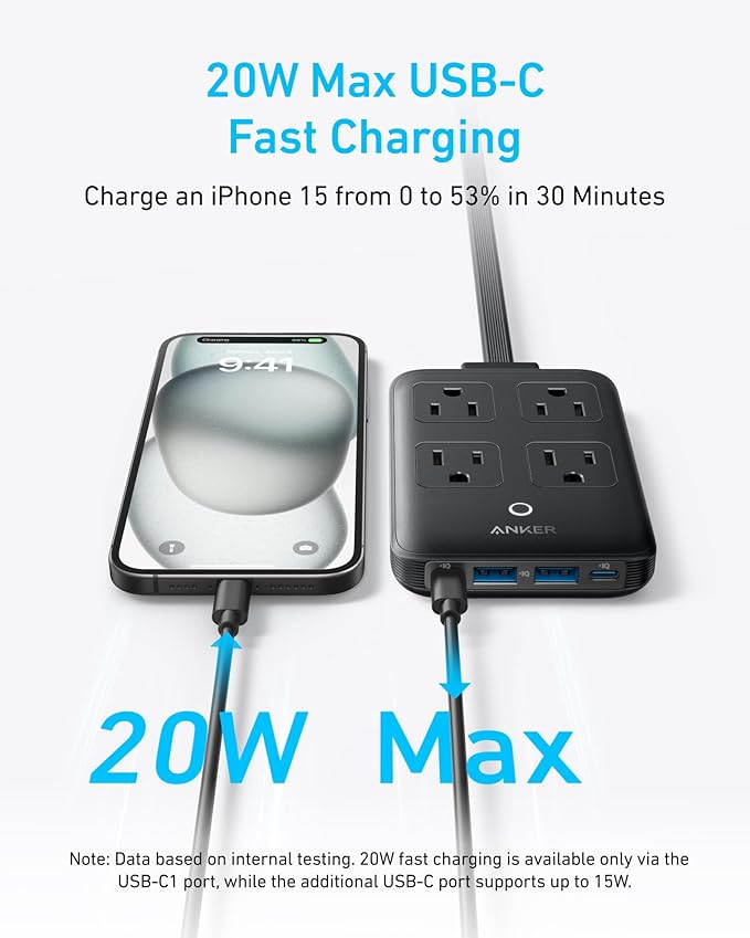 Anker Charging Station, 20W Max 8-in-1 USB-C Power Strip for iPhone 15/14 and MacBook Air/Pro, 5 ft Thin Cord with 4 AC, 2 USB-A, and 2 USB-C Ports, Fast Charging Desktop Charger for Travel, Office